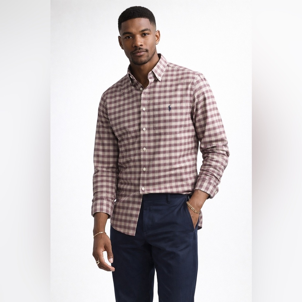 Vintage Ralph Lauren Plaid Button Down Shirt Brown Tan XL T Classic Fit Cotton